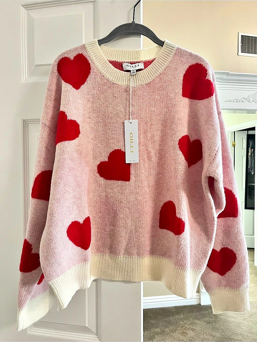 Gilli Heart Pattern Knit Sweater Pink & Red Valentines Size Medium